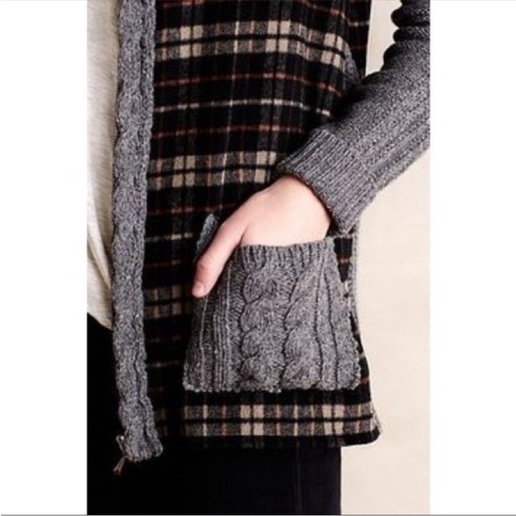 Anthro Moth Derry Plaid & Cable Knit Zip Front Hoodie Sweater/Jacket - Picture 3 of 14